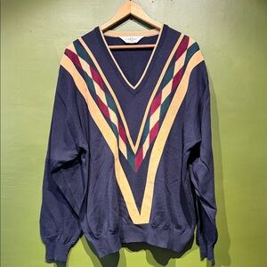 Dalmine Vintage Men's V-Neck Sweater with Navy, Gold, Green, and Red Stripes